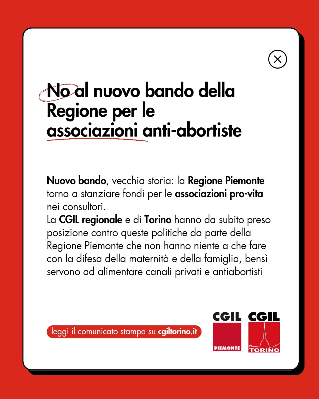 No al nuovo bando della regione per le associazioni antiabortiste, sì a fondi per consultori, maternità e aborto sicuro