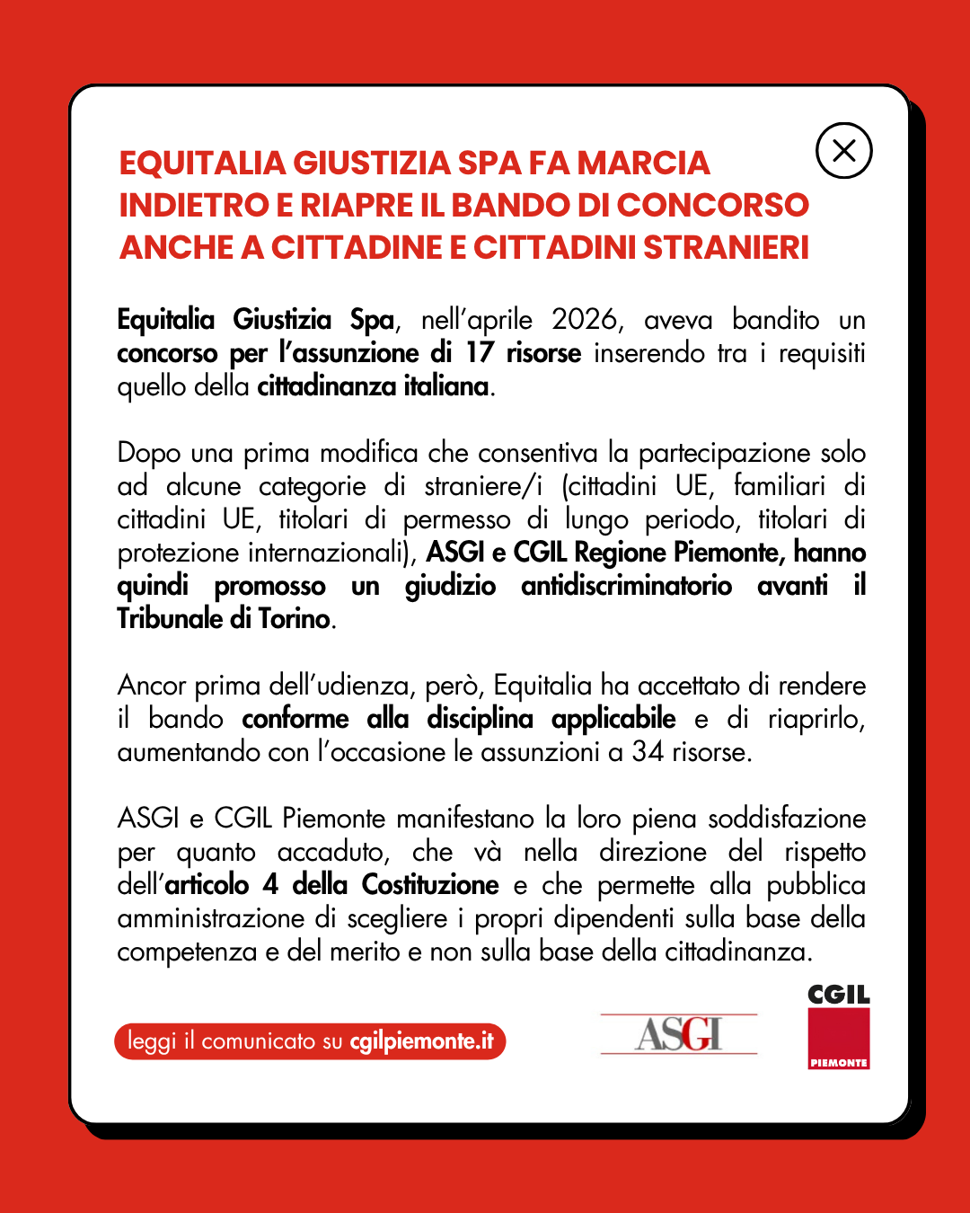 Equitalia Giustizia Spa fa marcia indietro e riapre il bando di concorso anche a cittadine/i straniere/i