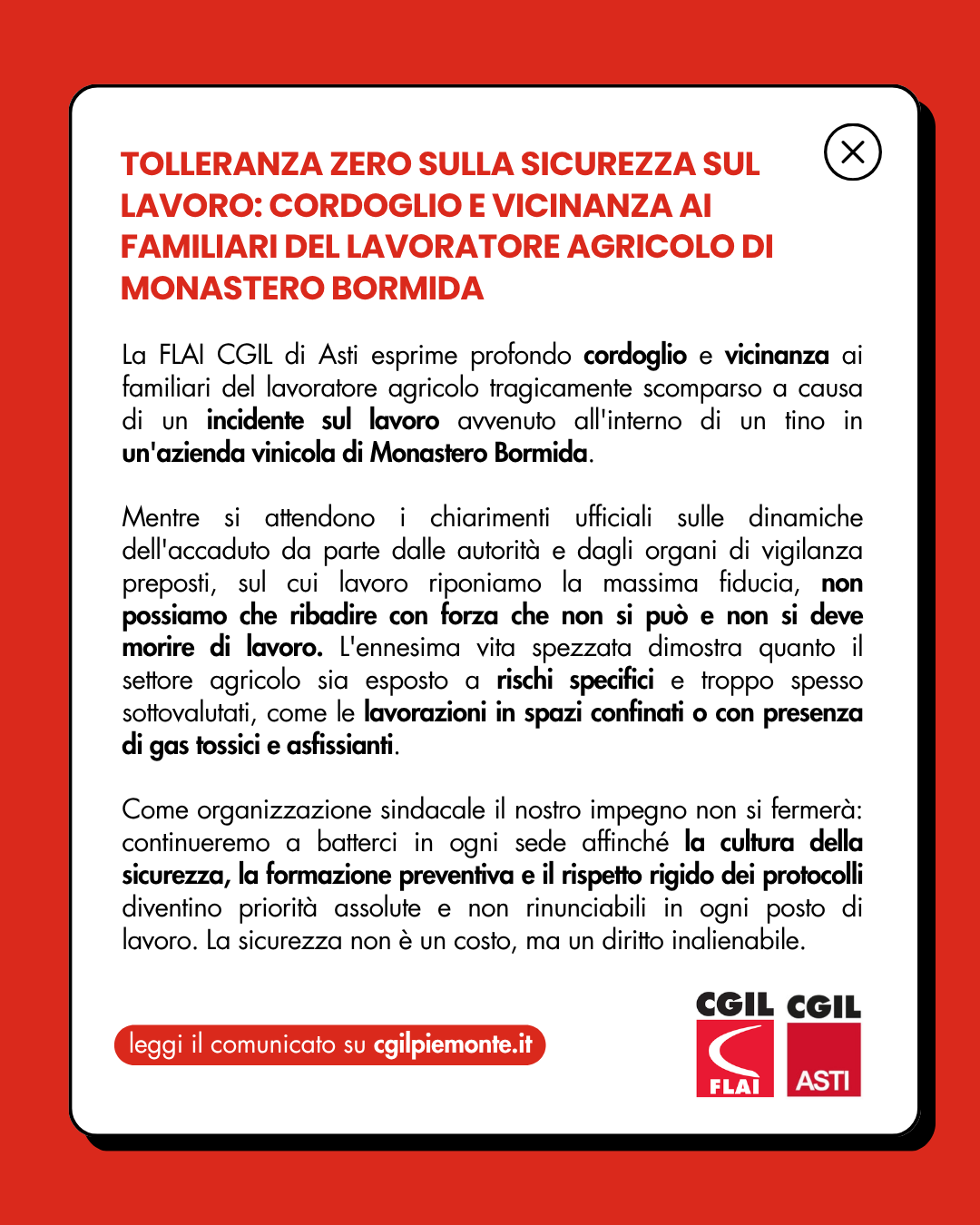 Tolleranza zero sulla sicurezza sul lavoro: la FLAI CGIL di Asti esprime cordoglio e vicinanza ai familiari del lavoratore di Monastero Bormida