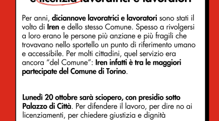 Iren chiude lo sportello di Torino in via Confienza e licenzia lavoratrici e lavoratori