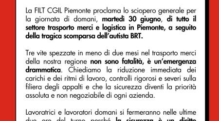 Basta morti sul lavoro: domani, 30 giugno, in Piemonte sciopero generale trasporto merci e logistica nelle ultime 2 ore di ogni turno