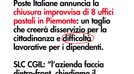 Poste Italiane chiude 8 uffici postali in Piemonte, SLC CGIL: 